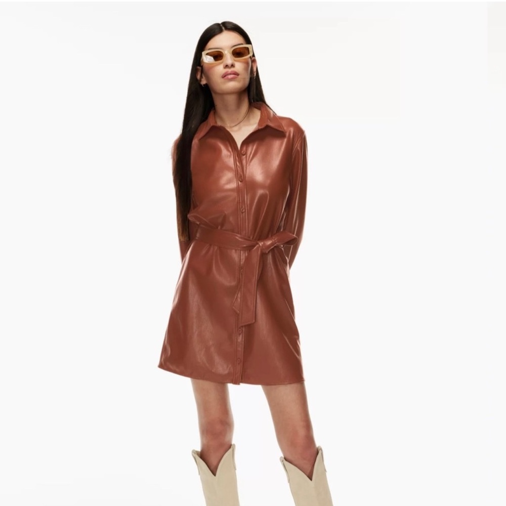 Aritzia Wilfred Caroline Shirt Dress Size Small Cognac Color Faux Leather Dress